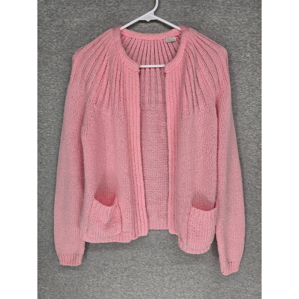 Vintage T.T. Yarn Pink Knit Cardigan Sweater Open Front Pockets Large